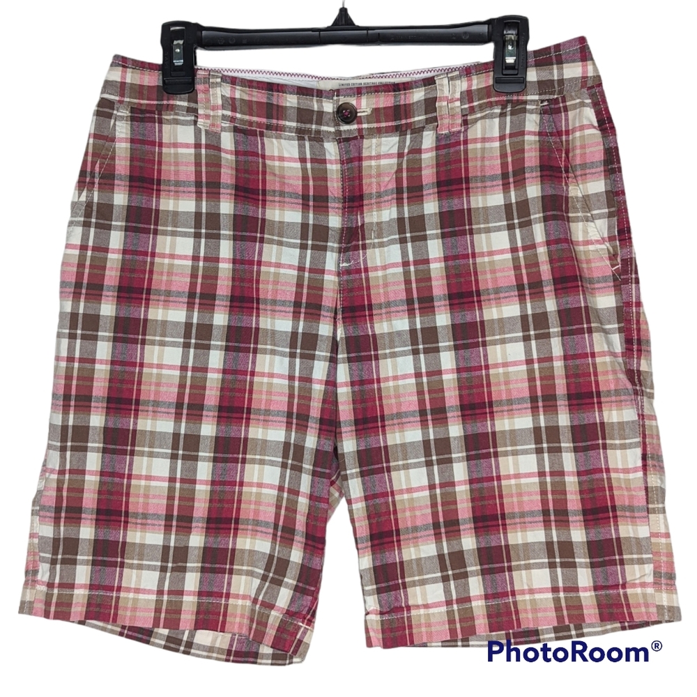 G.H.Bass Heritage Bermuda Shorts Women's Sz 8 Red Brown Plaid 31" W 9" L 9"Rise